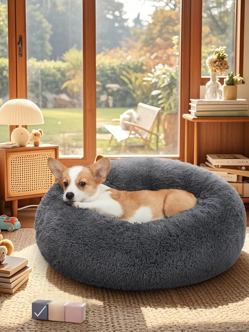 OhGeni Calming Donut Dog Bed Pillow for Small Medium Pets